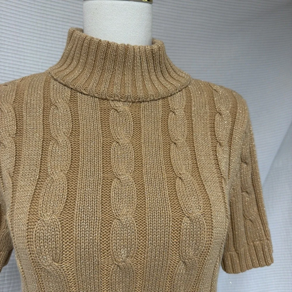 Liz Claiborne Sweater Women Gold S Petite Pullover Turtleneck Short Sleeve